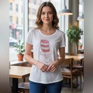 Doe Cat in the Hat White Tshirt Dr Seuss XL Junior burn out cotton tee red black